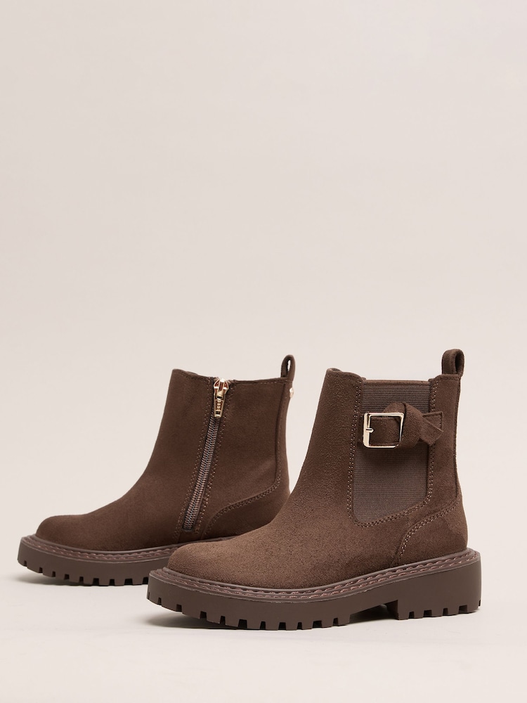 Lipsy Chocolate Brown Faux Suede Elasticated Gusset Buckle Chelsea Ankle Boots - Image 2 of 5 Lipsy Chocolate Brown Faux Suede Elasticated Gusset Buckle Chelsea Ankle Boots - Image 2 of 5