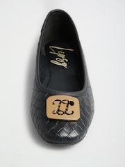 Lipsy Black Gold Branded Hardware Standard Fit Flat Workwear Ballerinas Shoe - Image 1 of 7