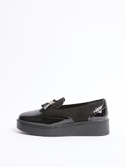 Lipsy Black Chunky Wedge Tassle Brogue Detail Slip On School Shoes Loafers - Image 3 of 7