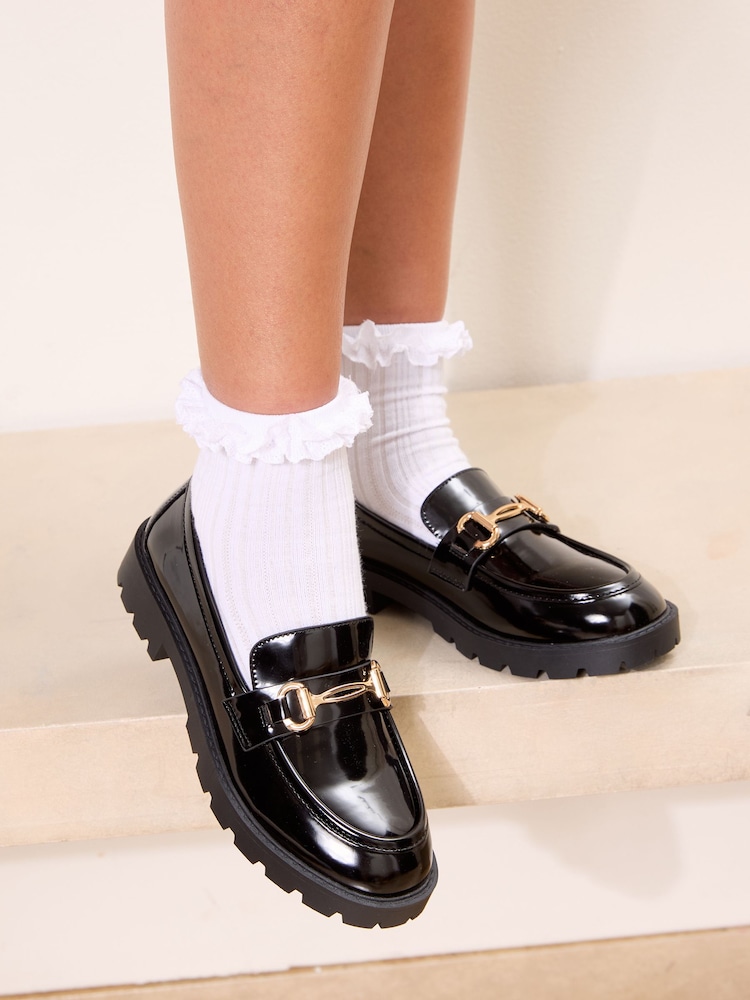Lipsy Black Chunky Snaffle Detail Cleated Slip On School Shoes Loafers - Image 1 of 6 Lipsy Black Chunky Snaffle Detail Cleated Slip On School Shoes Loafers - Image 1 of 6
