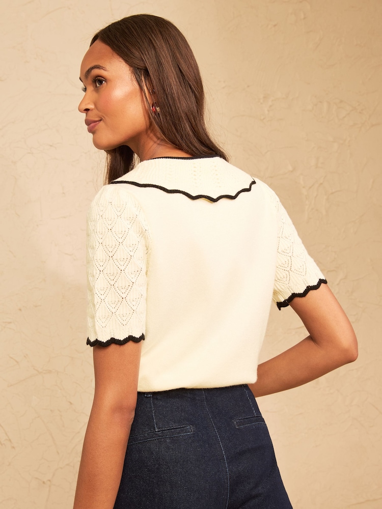 Love & Roses Ivory Bow Detail Knitted Collared Top - Image 4 of 4