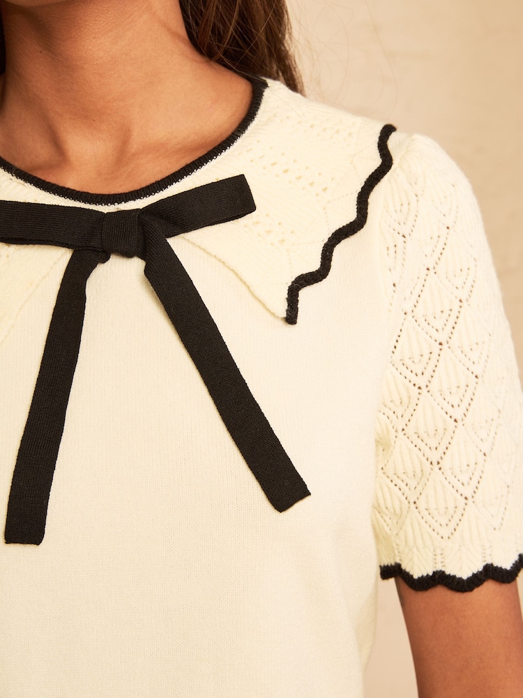 Love & Roses Ivory Petite Bow Detail Knitted Collared Top - Image 2 of 4