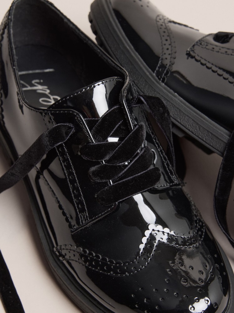 Lipsy Black Narrow Fit (E) Patent Faux Leather Lace Up Brogue School Shoes - Image 7 of 7 Lipsy Black Narrow Fit (E) Patent Faux Leather Lace Up Brogue School Shoes - Image 7 of 7