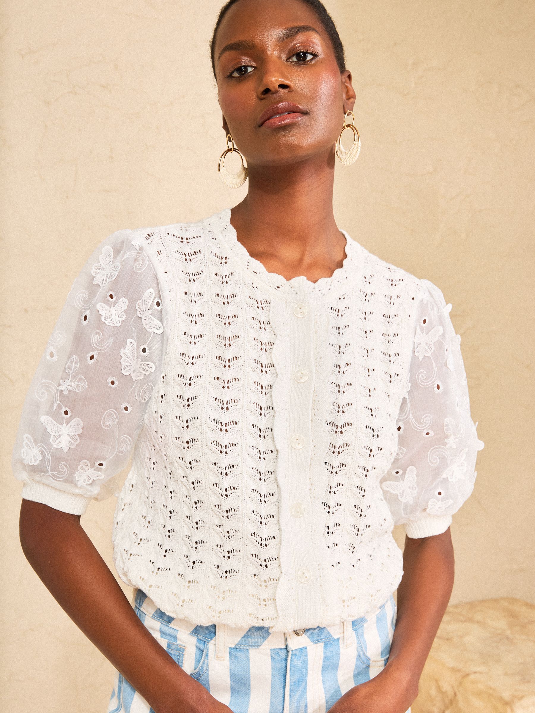 Buy Love & Roses Ivory Butterfly Detail Woven Sleeve Cotton Rich