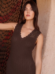 Love & Roses Chocolate Brown Cotton Rich Scalloped V-Neck Crochet Fringed Detail Midi Dress - Image 2 of 5