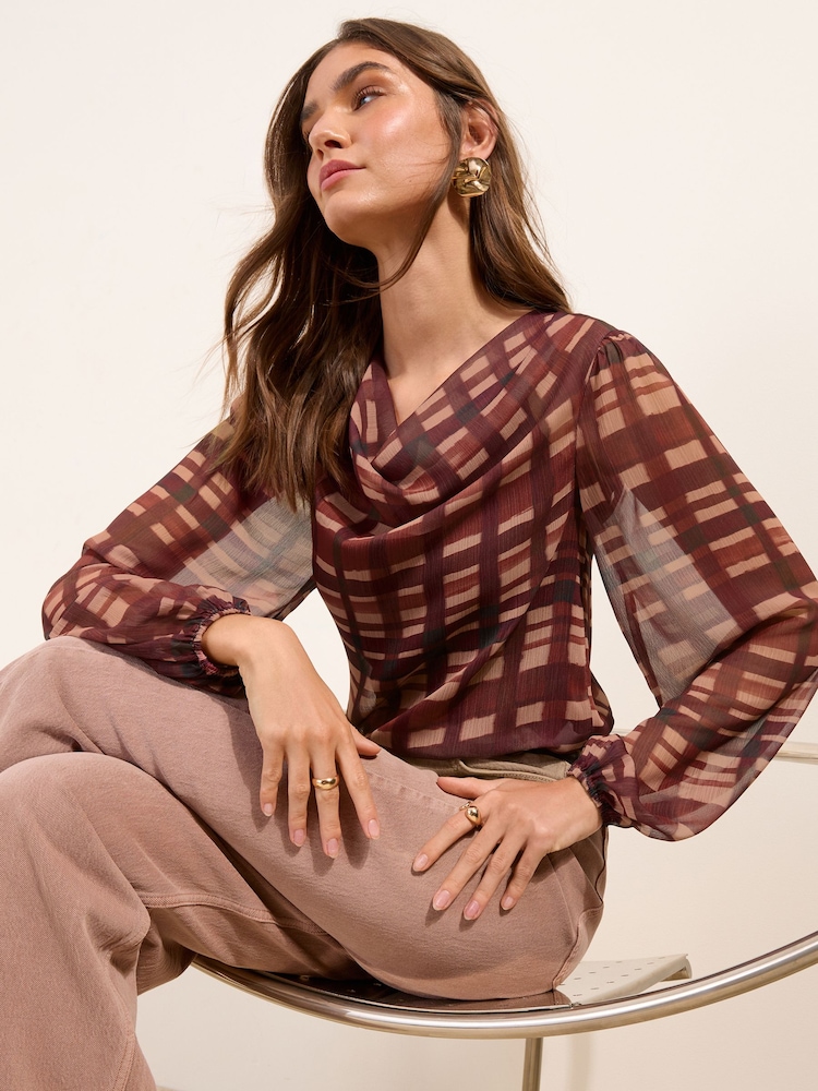 Friends Like These Burgundy Red Check Print Long Sleeve Sheer Chiffon Cowl Neck Blouse - Image 1 of 5 Friends Like These Burgundy Red Check Print Long Sleeve Sheer Chiffon Cowl Neck Blouse - Image 1 of 5