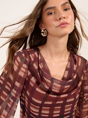Friends Like These Burgundy Red Check Print Long Sleeve Sheer Chiffon Cowl Neck Blouse - Image 2 of 5