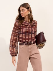 Friends Like These Burgundy Red Check Print Long Sleeve Sheer Chiffon Cowl Neck Blouse - Image 3 of 5