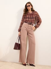 Friends Like These Burgundy Red Check Print Long Sleeve Sheer Chiffon Cowl Neck Blouse - Image 4 of 5