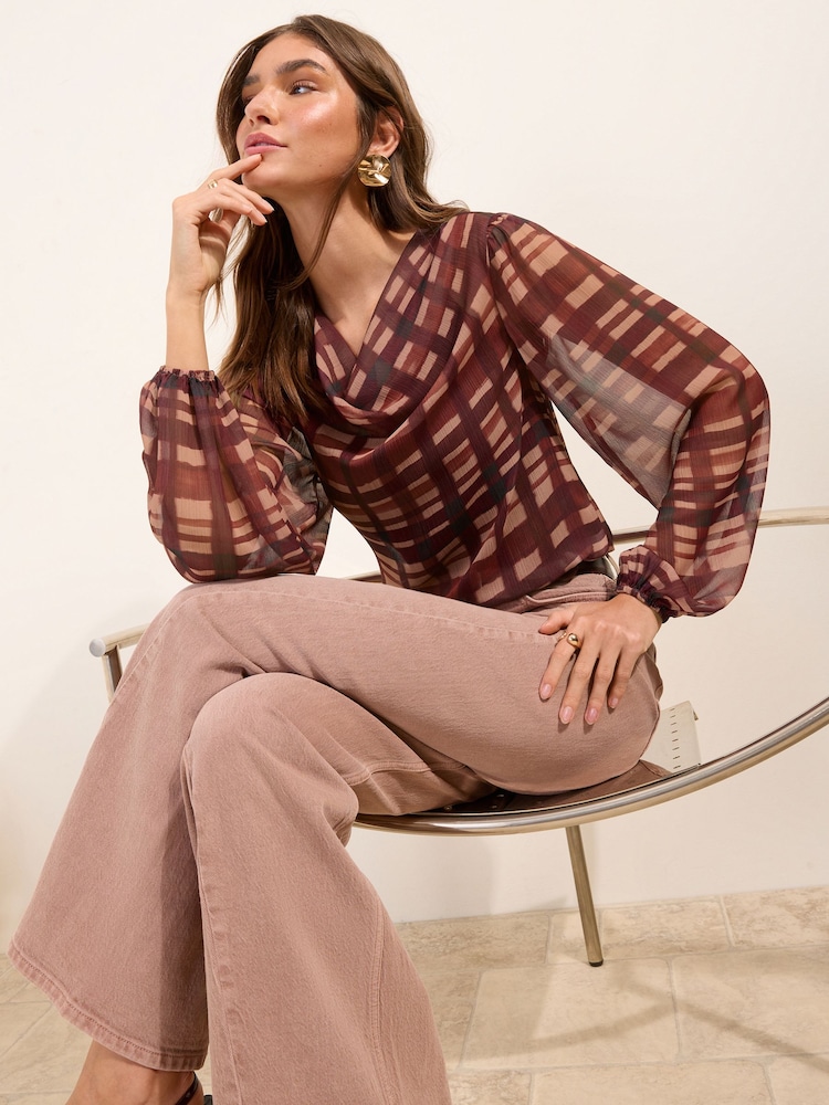 Friends Like These Burgundy Red Check Print Long Sleeve Sheer Chiffon Cowl Neck Blouse - Image 5 of 5 Friends Like These Burgundy Red Check Print Long Sleeve Sheer Chiffon Cowl Neck Blouse - Image 5 of 5