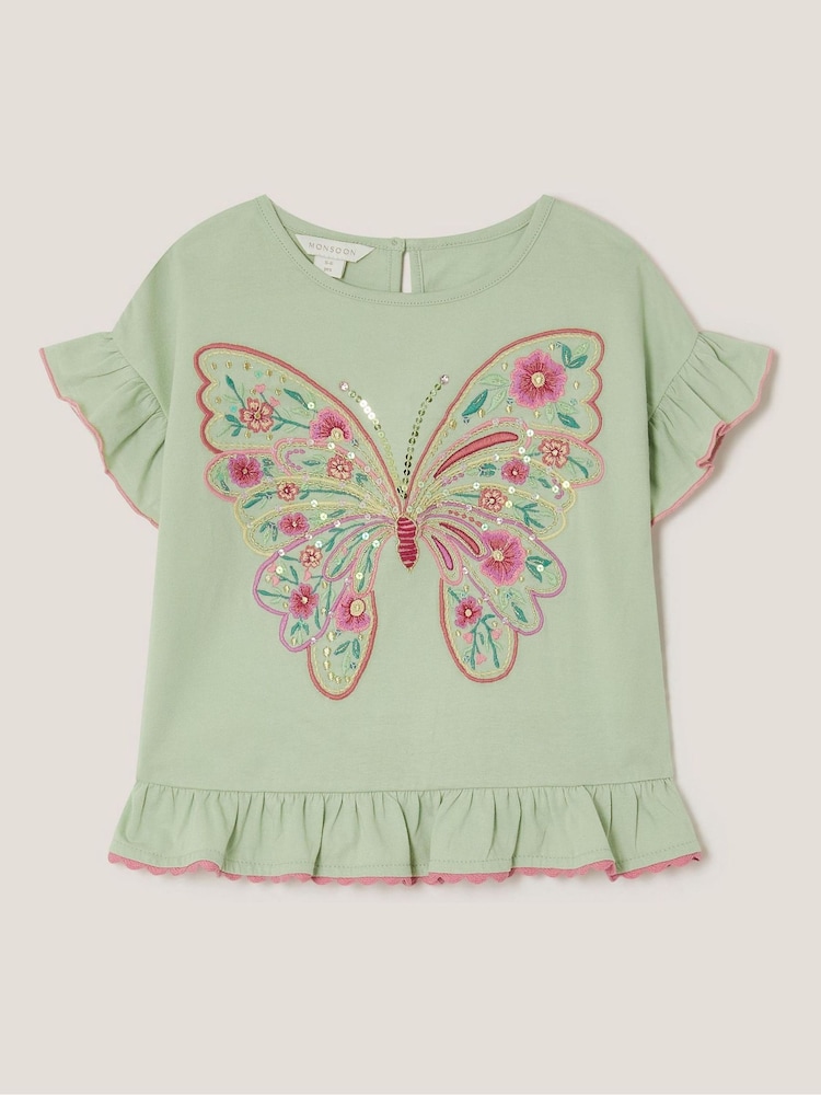 Monsoon Green Butterfly Embellished Frill T-Shirt - Image 2 of 4 Monsoon Green Butterfly Embellished Frill T-Shirt - Image 2 of 4