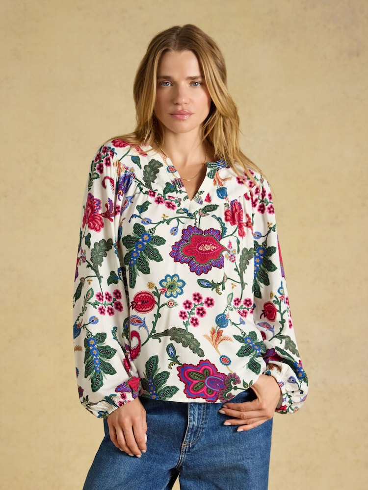 Joules Elodie White Floral Popover Blouse - Image 1 of 6 Joules Elodie White Floral Popover Blouse - Image 1 of 6