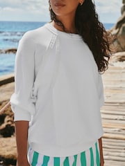 Biały - Lace Trim Waffle Sleeve Lightweight Sweatshirt - Obraz 5 z 8