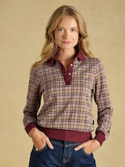 Joules Laurel Burgundy Houndstooth Check Long Sleeve Jersey Top - Image 1 of 8
