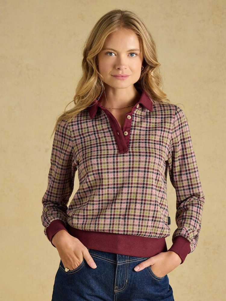 Joules Laurel Burgundy Houndstooth Check Long Sleeve Jersey Top - Image 1 of 8