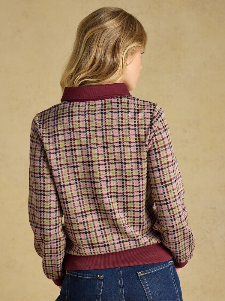 Joules Laurel Burgundy Houndstooth Check Long Sleeve Jersey Top - Image 2 of 8