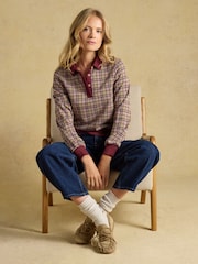 Joules Laurel Burgundy Houndstooth Check Long Sleeve Jersey Top - Image 3 of 8