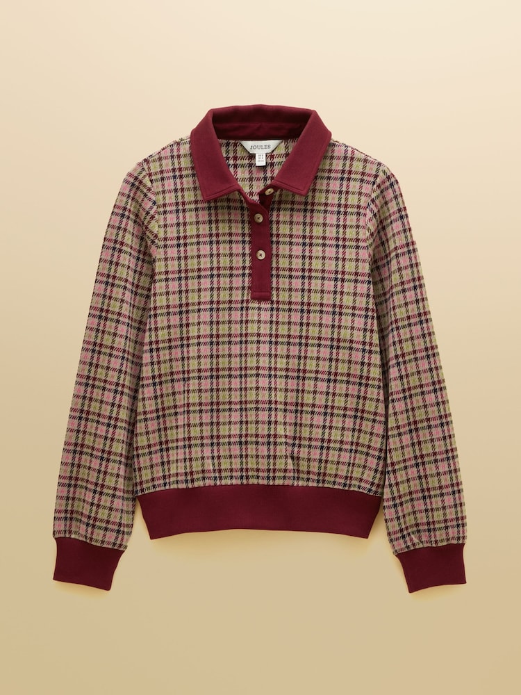 Joules Laurel Burgundy Houndstooth Check Long Sleeve Jersey Top - Image 8 of 8
