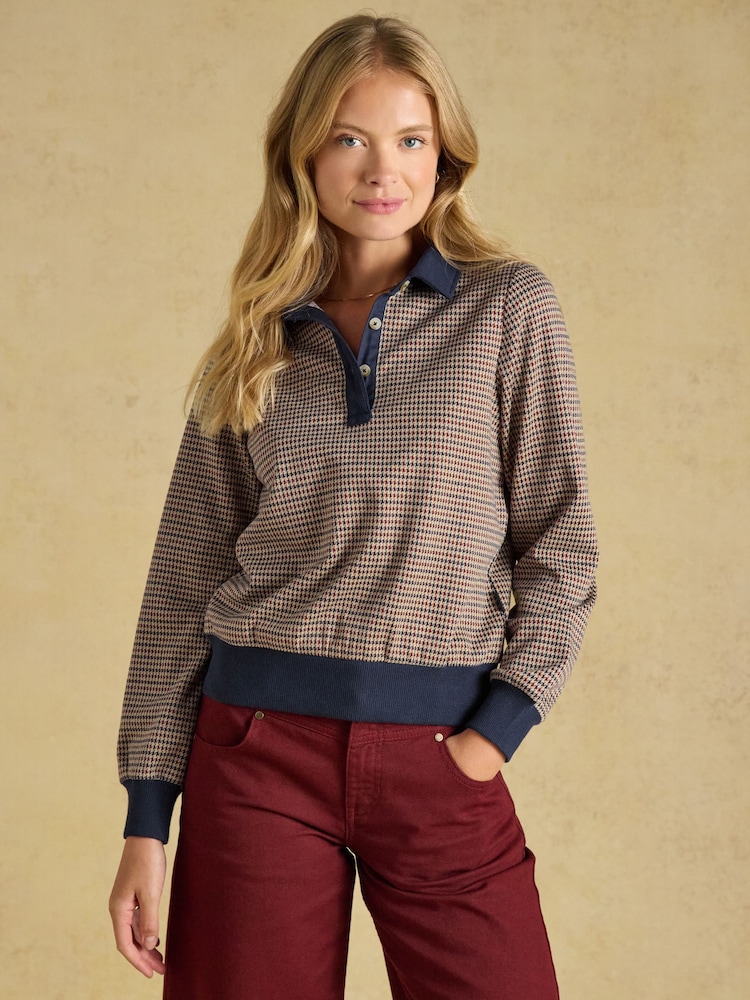 Laurel Navy Red Check Houndstooth Check Long Sleeve Jersey Top - Image 1 of 7 Laurel Navy Red Check Houndstooth Check Long Sleeve Jersey Top - Image 1 of 7