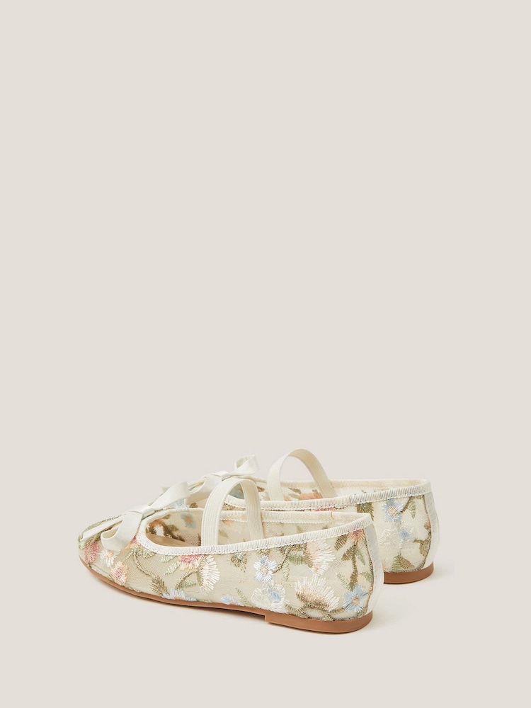 Monsoon Cream Floral Embroidered Mesh Ballet Flats - Image 2 of 3