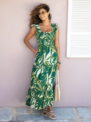 Pour Moi Ivory/Green Tropical Lucy Poplin Tiered Maxi Dress - Image 1 of 4