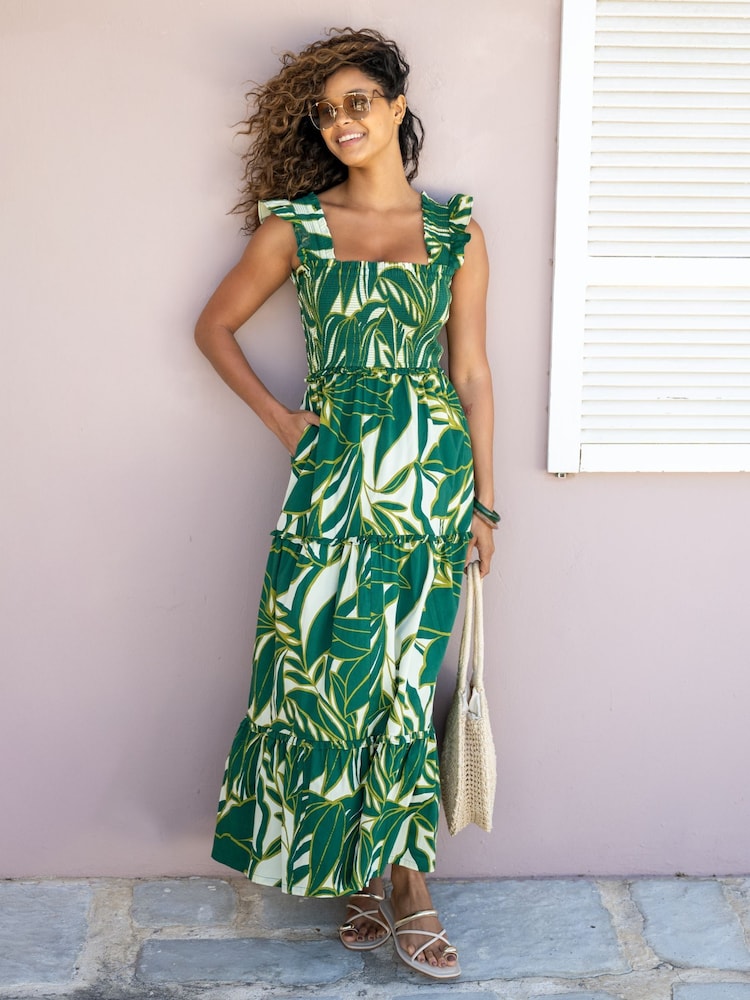 Pour Moi Ivory/Green Tropical Lucy Poplin Tiered Maxi Dress - Image 1 of 4