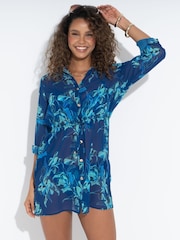 Pour Moi Blue Chiffon Button Through Beach Coverup - Image 1 of 2