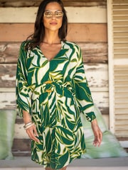 Pour Moi Ivory/Green Tropical Crinkle O Ring Woven Beach Cover-Up - Image 1 of 4