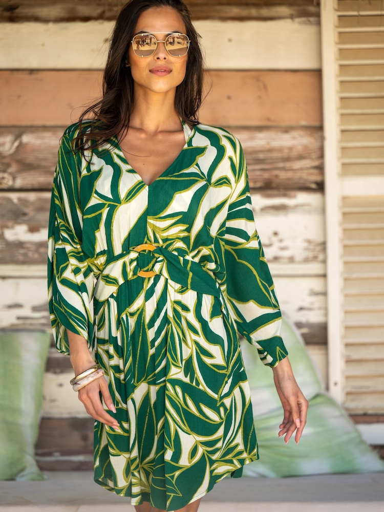 Pour Moi Ivory/Green Tropical Crinkle O Ring Woven Beach Cover-Up - Image 1 of 4
