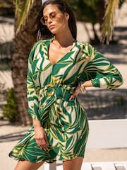 Pour Moi Ivory/Green Tropical Crinkle O Ring Woven Beach Cover-Up - Image 2 of 4
