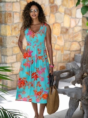 Pour Moi Blue Darcie V-Neck Shirred Bodice Midi Dress - Image 1 of 4