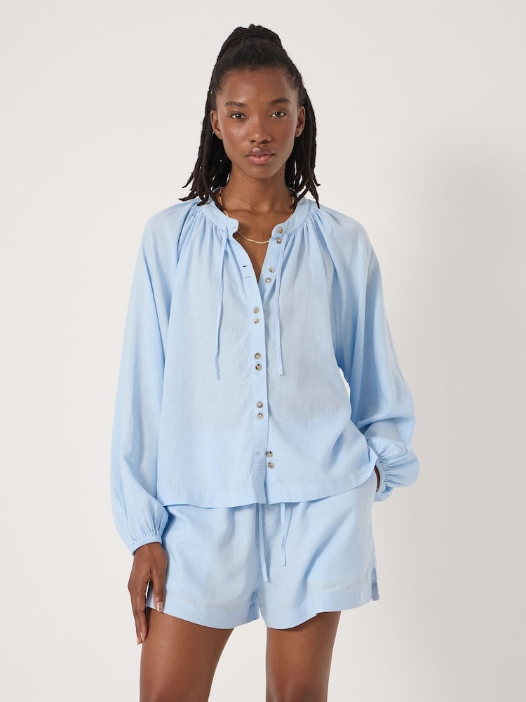 Hush Blue Elsa Gathered Linen Beach Shirt - Image 1 of 4