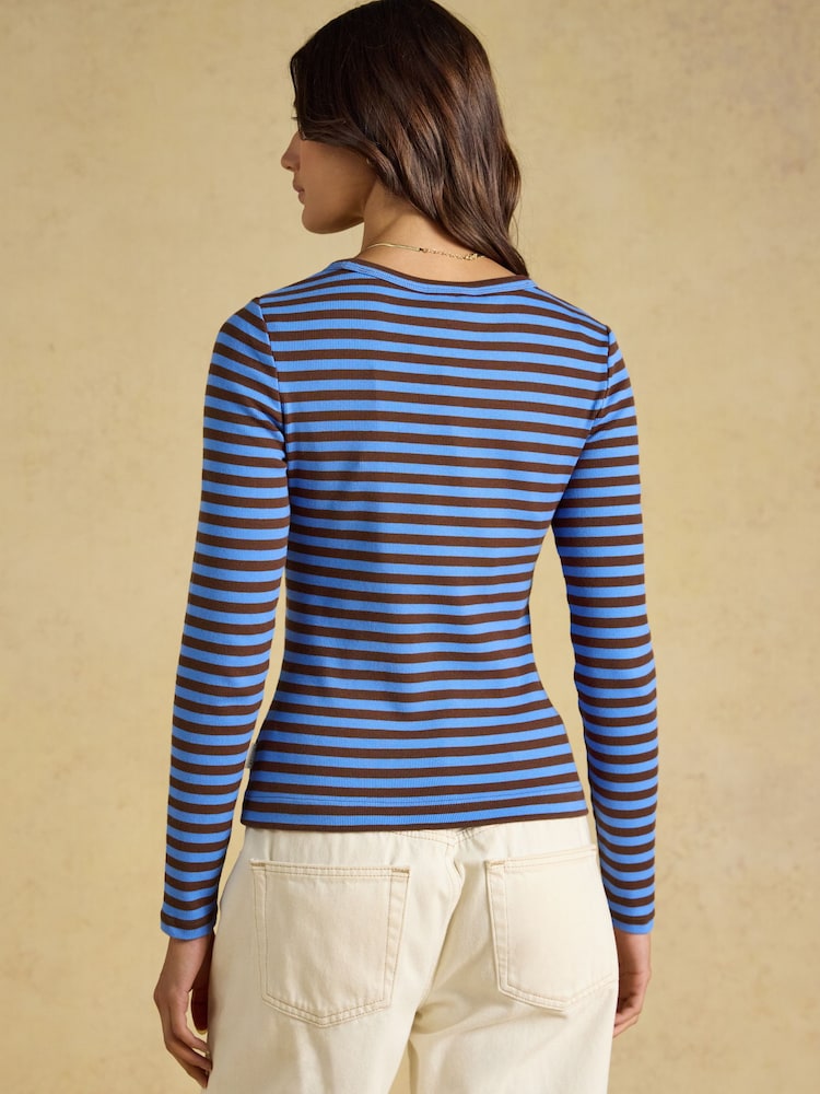 Blue & Brown Striped - Joules Sophie Ribbed Fitted T-Shirt - Image 2 of 8