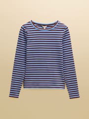 Joules Sophie Blue & Brown Striped Long Sleeve Ribbed Fitted T-Shirt - Image 9 of 9