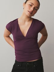 Wine Soft Touch Slinky V-Neck Ruched Short Sleeve Top - Image 1 of 7