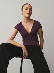 Wine Soft Touch Slinky V-Neck Ruched Short Sleeve Top - Image 2 of 7