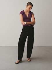 Wine Soft Touch Slinky V-Neck Ruched Short Sleeve Top - Image 3 of 7