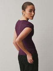 Wine Soft Touch Slinky V-Neck Ruched Short Sleeve Top - Image 4 of 7