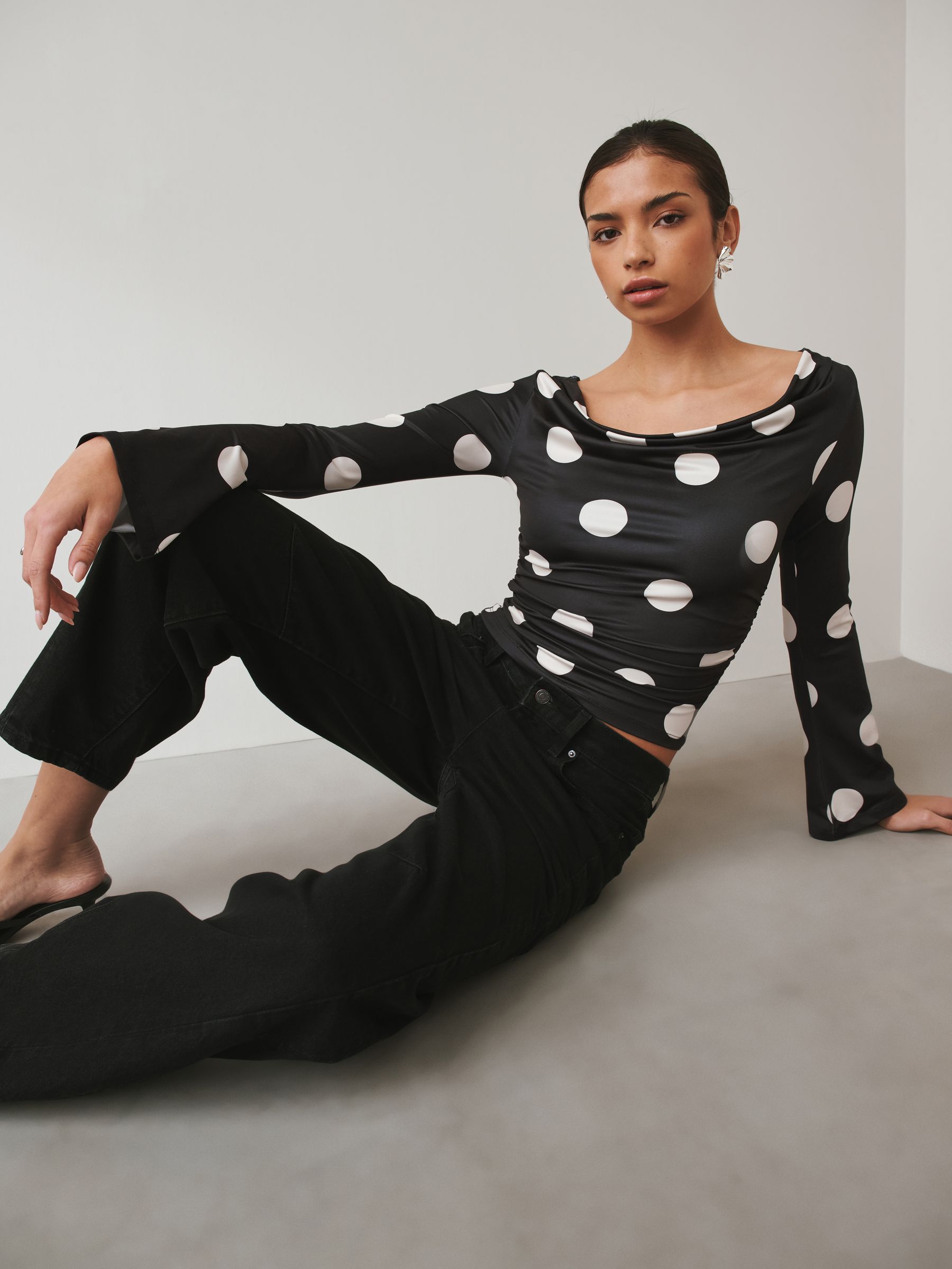 Buy Black/Ecru Polka Dot Soft Touch Slinky Drape Long Sleeve Top