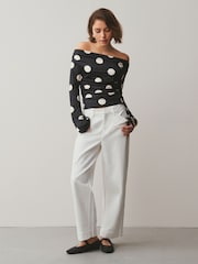Black/Ecru Polka Dot Soft Touch Slinky Drape Long Sleeve Top - Image 2 of 7