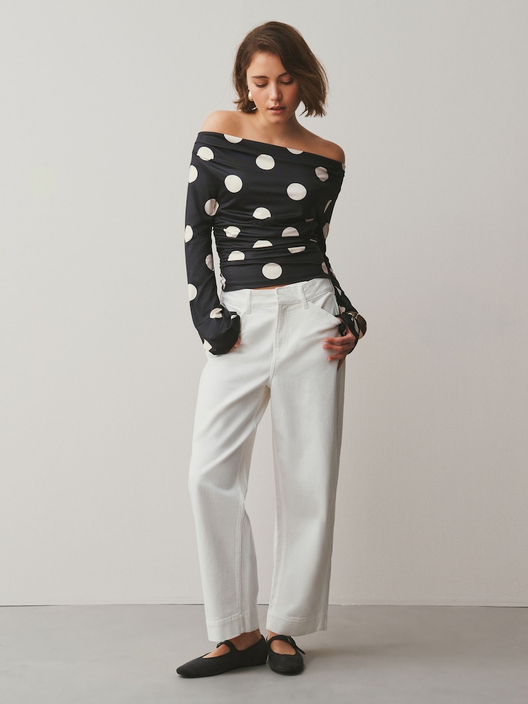 Black/Ecru Polka Dot Soft Touch Slinky Drape Long Sleeve Top - Image 2 of 7