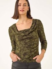 Roman Green Cowl Neck Jacquard Stretch Top - Image 3 of 5