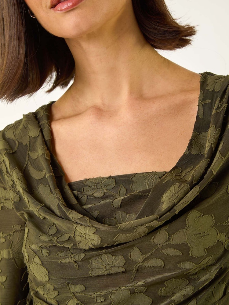 Roman Green Cowl Neck Jacquard Stretch Top - Image 5 of 5 Roman Green Cowl Neck Jacquard Stretch Top - Image 5 of 5