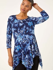 Roman Blue Floral Print Asymmetric Tunic Top - Image 1 of 5
