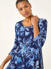 Roman Blue Floral Print Asymmetric Tunic Top - Image 2 of 5