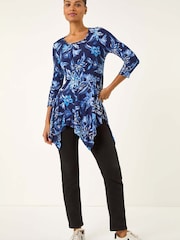 Roman Blue Floral Print Asymmetric Tunic Top - Image 4 of 5