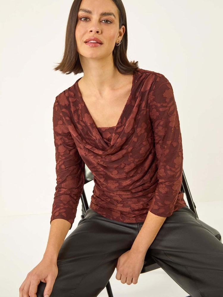 Roman Brown Cowl Neck Jacquard Stretch Top - Image 5 of 5 Roman Brown Cowl Neck Jacquard Stretch Top - Image 5 of 5