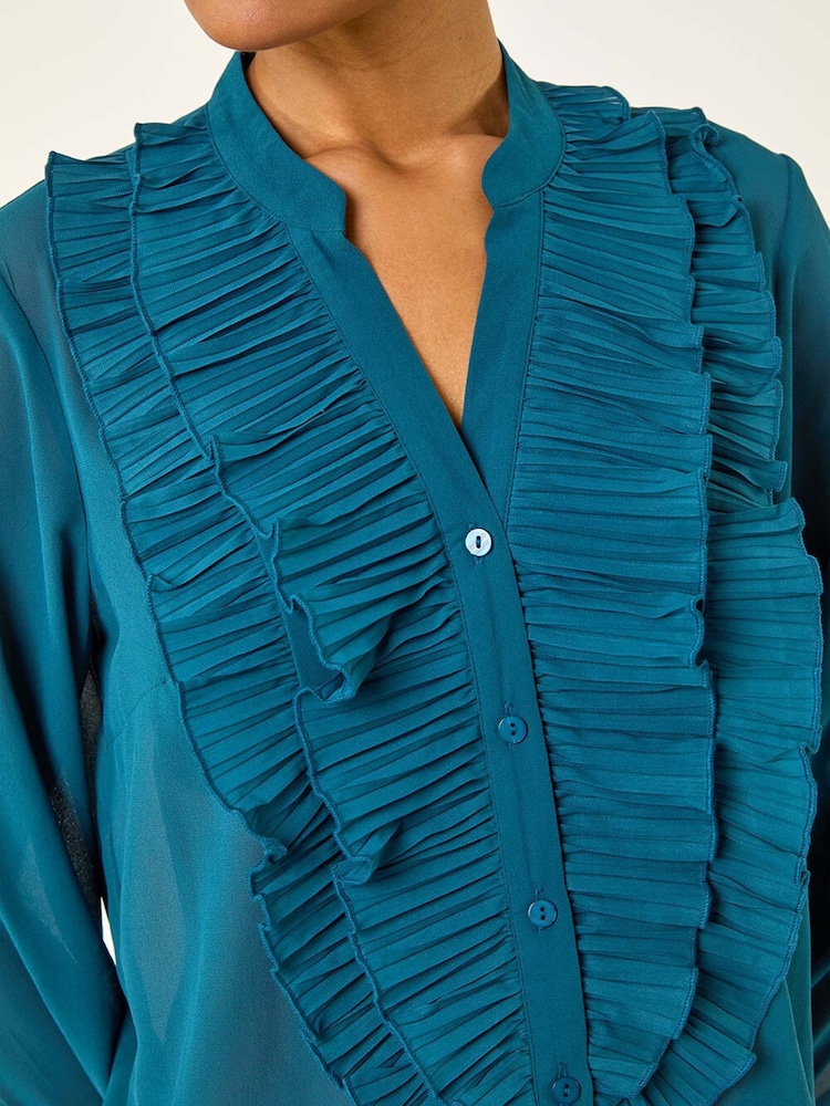 Roman Blue Ruffle Front V-Neck Blouse - Image 5 of 5 Roman Blue Ruffle Front V-Neck Blouse - Image 5 of 5