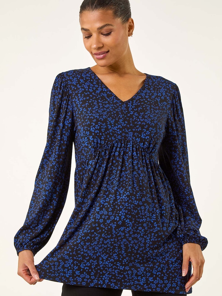 Roman Blue Abstract Print V-Neck Tunic Top - Image 2 of 5 Roman Blue Abstract Print V-Neck Tunic Top - Image 2 of 5