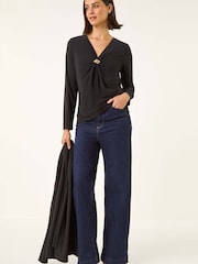 Roman Black V-Neck Metal Trim Stretch Blouse - Image 1 of 5